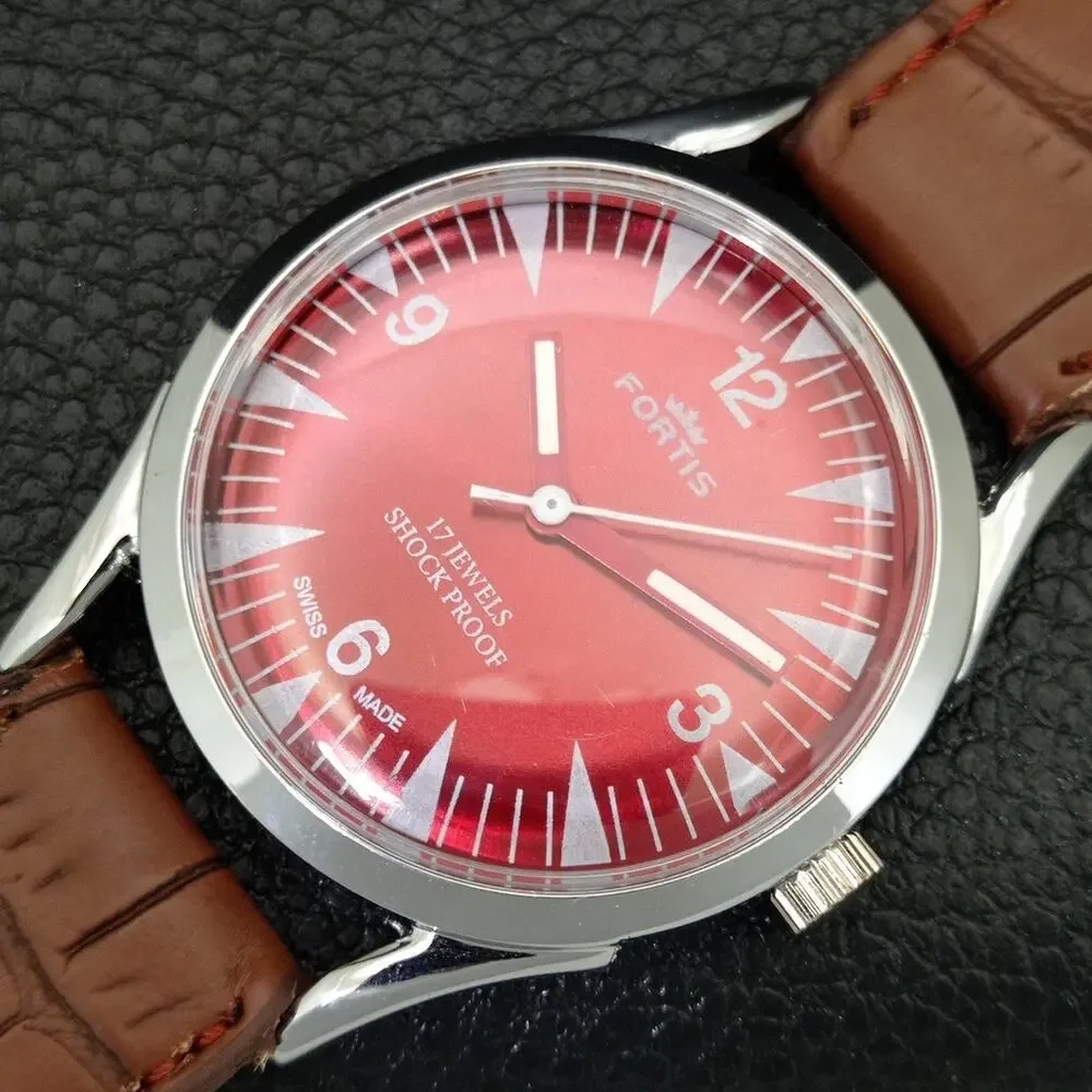 Vintage 1974 Fortis Manual Mens Silver Watch W/Leather Strap & Red accents